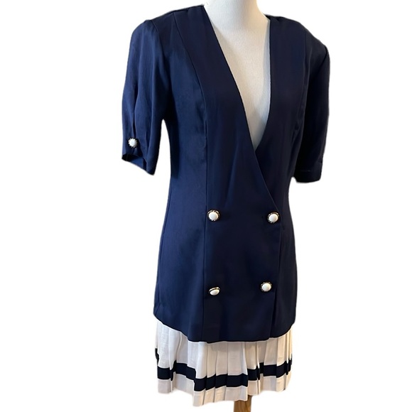 Vintage Dresses & Skirts - VINTAGE DAWN JOY DOUBLE BREASTED JACKET PLEATED SKIRT SET NAVY BLUE WHITE SIZE 8